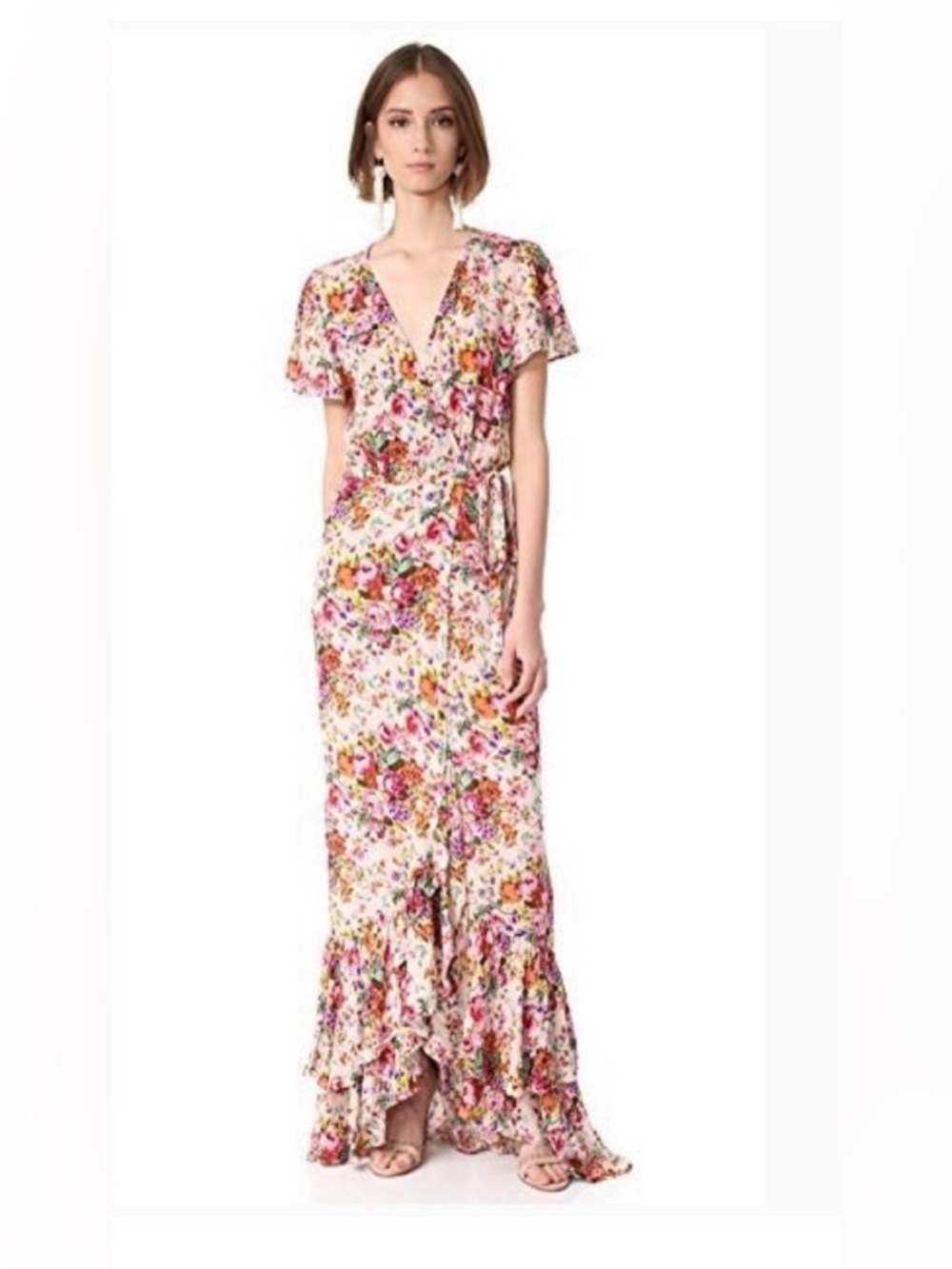 Auguste .Beach House Frill Dress Wrap Womens 4 Blue Floral Maxi Ruffle Flutter.
